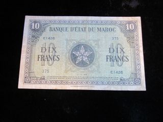 1943 Morocco 10 Francs Note Very Fine,  P - 25 photo