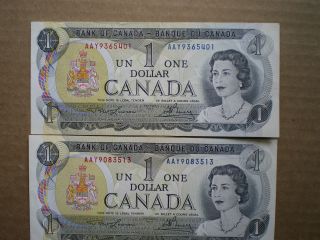 1973 Canada Paper One Dollar X 2 Aay Prefix Au Pair photo