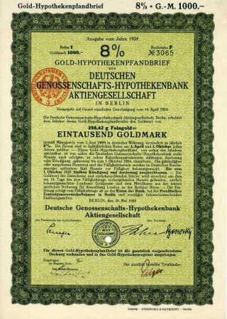 Germany: Deutschen Genossenschafts Hypotheken Bank 1000 +500 +300 Gold Mark 1924 photo