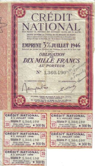 France State 3% Bond National Credit 1946 10.  000 Francs Uncancelled Coupons photo