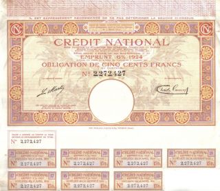 France State 6% Bond National Credit 1924 500 Francs Uncancelled Coupons photo