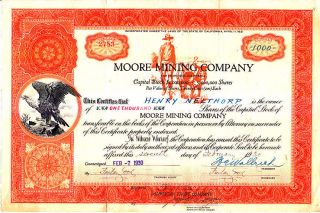 Moore Mining Company Ca 1930 Stock Certificate photo