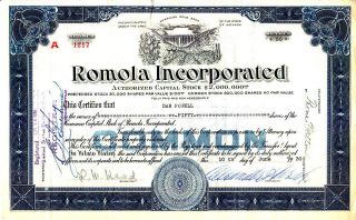 Romola Incorporated Nv 1930 Stock Certificate photo