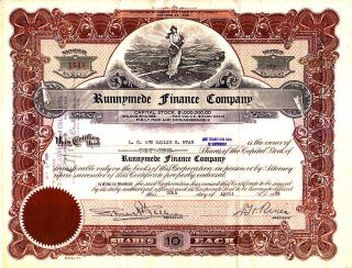 Runnymede Finace Company Ca 1929 Stock Certificate photo
