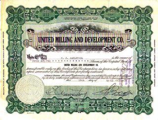 United Milling And Development Co.  Nv 1929 Stock Certificate photo
