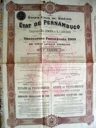 Brazil Brazilian 1909 Etat Pernambuco Bresil 20 Pounds Uncancelled Bond Loan photo
