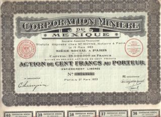 France Mexico 1923 Bond Corporation Minning 100 Francs Uncancelled Coup photo
