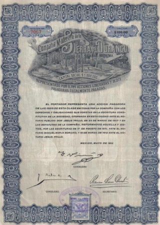 Mexico 1912 Bond Maderera Co Sierra De Durango $100 Coupons Revenue Uncancelled photo