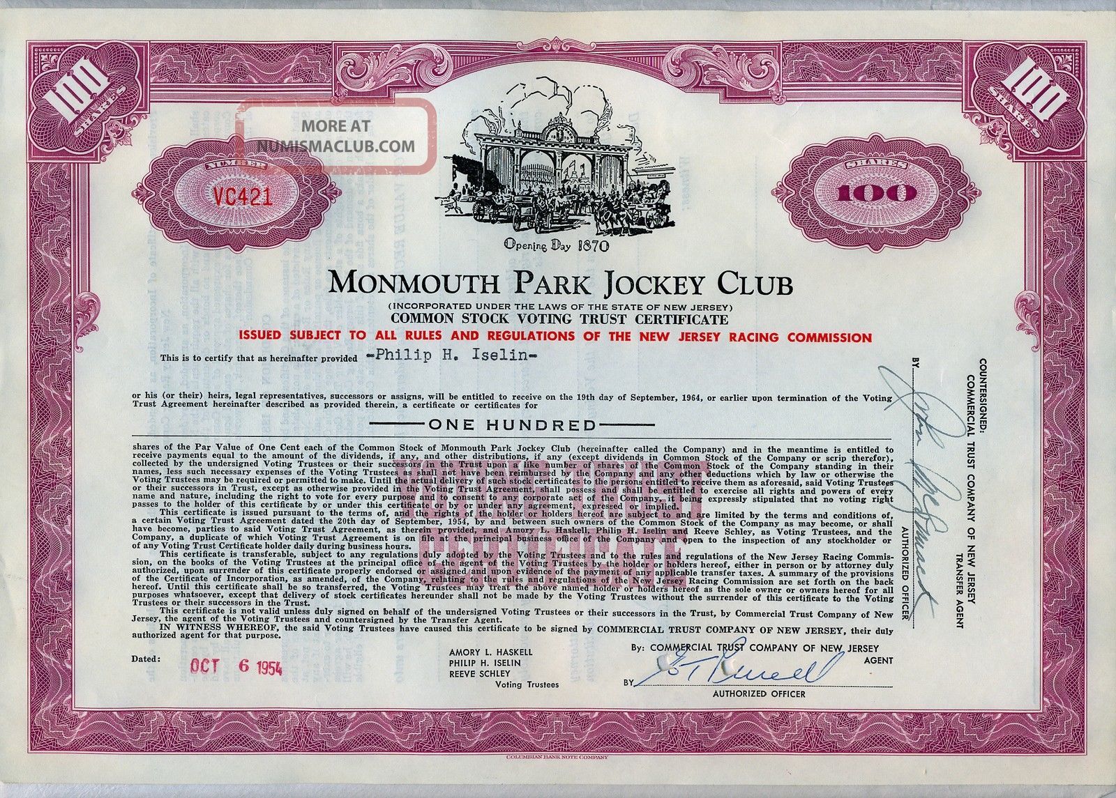 Monmouth Park Jockey Club Stock Certificate Jersey Stocks & Bonds, Scripophily photo