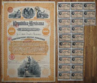 Mexico Republica Mexicana Christopher Columbus Bond £100 $500 1885 +coupons photo