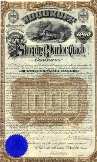 1888 Woodruff Sleeping & Parlor Coach Bond Certificate photo