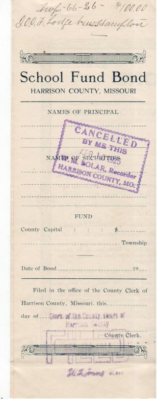 Harrison County,  Missouri Mo - School Fund Bond $100 Hampton Ioof 1914 photo