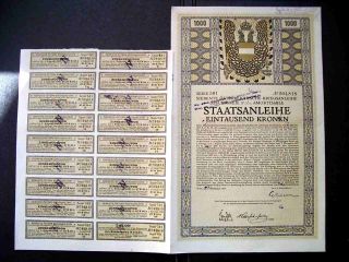 Austria Austrian 1917 Wien Staatsanleihe 1000 Kronen Bond Loan Stock Unc photo