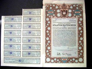 Austria 1915 Wien Staatsschatzschein 5000 Kronen Bond Share Loan Stock Unc photo