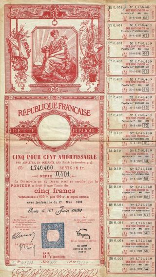 France Republic 5% Loan Stock Certificate 1939 W/coupons photo