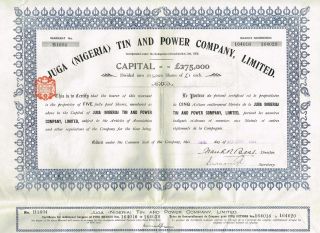 Africa Nigeria Juga Tin & Power Company Stock Certificate 1911 5sh photo