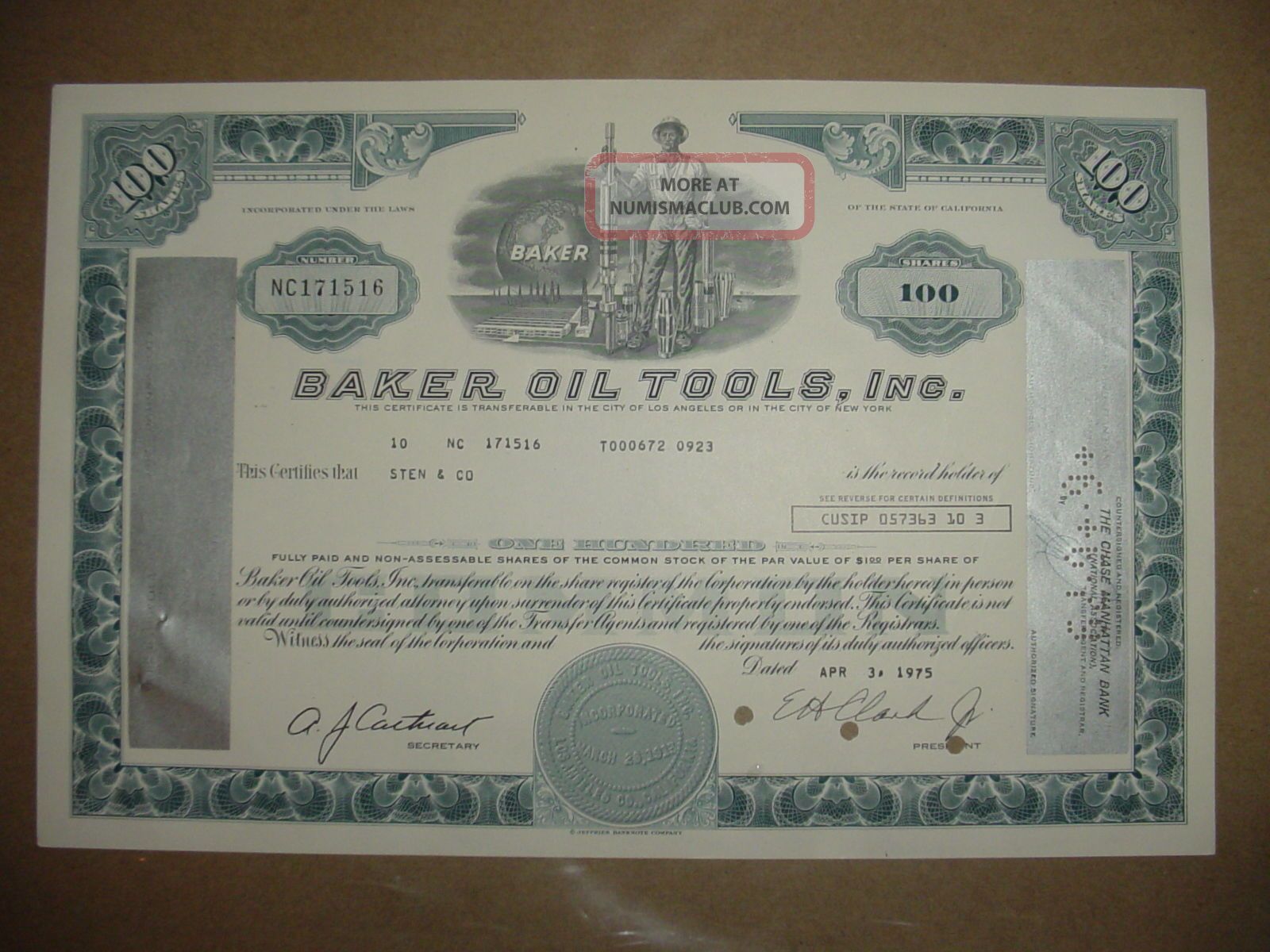 Baker Oil Tools Inc Stock Certificate