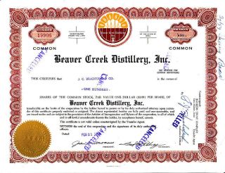 Broker Owned Stock Certificate - - J.  C.  Bradford & Co.  - - Beaver Creek Distillery Ia photo