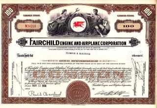 Fairchild Engine And Airplane Corporation Md 1954 Stock Certificate photo