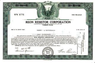 Reon Resistor Corporation Ny 1967 Stock Certificate photo