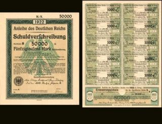 1922 German 50000 Mark Treasury Bond With Coupons Uncancelled photo