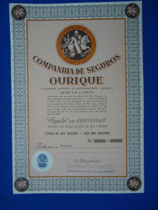 Portugal Share Comapanhia Seguros Ourique Insurance 1000 Escudos 1974 Look Scans photo