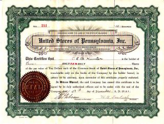 United Stores Of Pennsylvania 1921 Stock Certificate photo