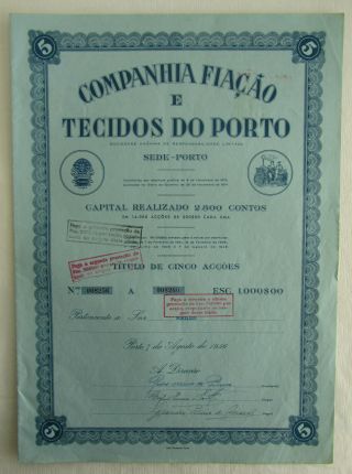 Portugal Share 1946 / Stamp Of 4 Escudos 1956 Companhia Fiação Tecidos Do Porto photo