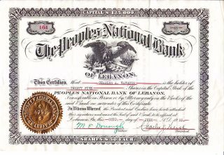 People ' S National Of Lebanon Pa 1925 Stock Certificate photo
