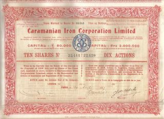 Turkey 1907 Caramanian Iron Corporation 10 Shares £10 Uncancelled Coup photo