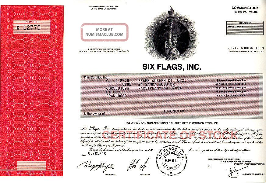 Six Flags, Inc. 2010 Stock Certificate