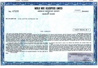 World Wide Helicopters Ltd 1988 Stock Certificate photo