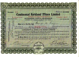 Continental Kirkland Mines Limited Canada 1928 Stock Certificate photo