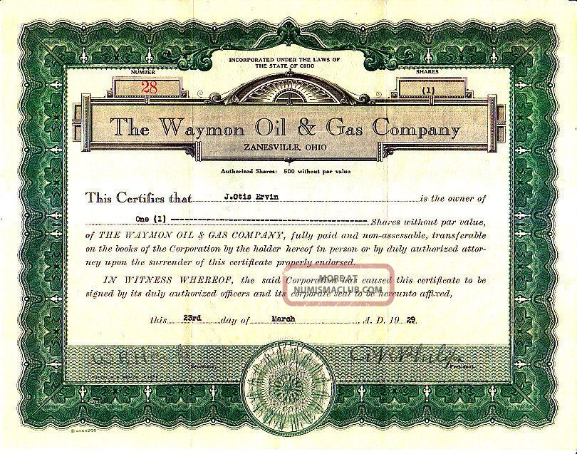 Waymon Oil Gas Company Oh 1929 Stock Certificate