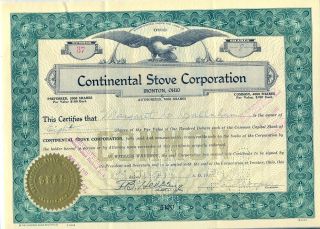 Continental Stove Corporation Stock Certificate Ironton Ohio photo