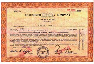 Claussner Hosiery Company,  Paducah,  Kentucky 1953 Type Iii Stock Certificate photo