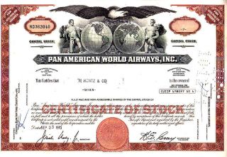 Broker Owned Stock Certificate: H.  Hentz & Co,  Payee; Pan Am World Air,  Issuer photo