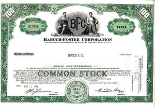 Baruch - Foster Corp 1960 Stock Certificate photo