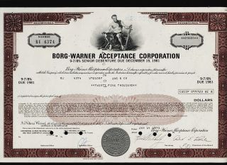 Auto Parts : Borg Warner Acceptance Corp Old Bond Certificate 1975 photo