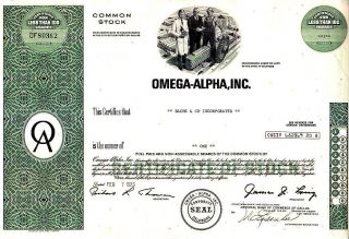 Omega - Alpha,  Inc 1975 Stock Certificate photo