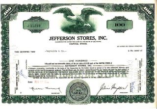 Jefferson Stores,  Inc.  1970 Stock Certificate photo