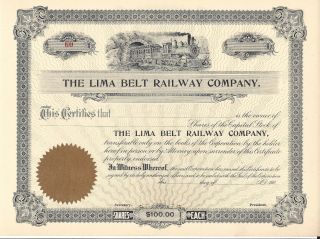 The Lima Belt Railway Company. . . . .  Early 1900 ' S Stock Certificate photo