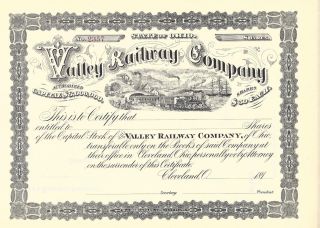 Valley Railway Company (ohio). . . . . .  1890 ' S Unissued Stock Certificate photo