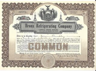 Bronx Refrigerating Company. . . . .  1917 Stock Certificate photo