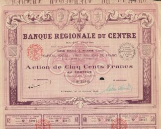 France Center Region Bank Stock Certificate 1942 Roanne photo