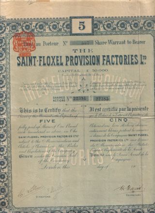 Uk Gb France 1907 Saint Floxel Provision Factories 5 Shares £5 Uncancelled Coup photo
