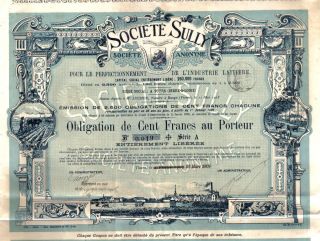 France Bond 1909 Society Sully 100 Fr Top Deco Uncancelled Coupons Issued 2500 photo