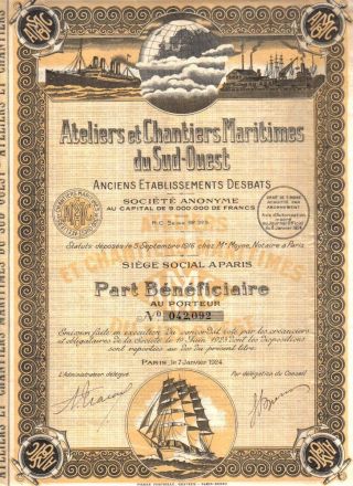 France Bond 1924 Chantiers Maritimes Shipbuilding Co Uncancelled Top Deco Coupon photo