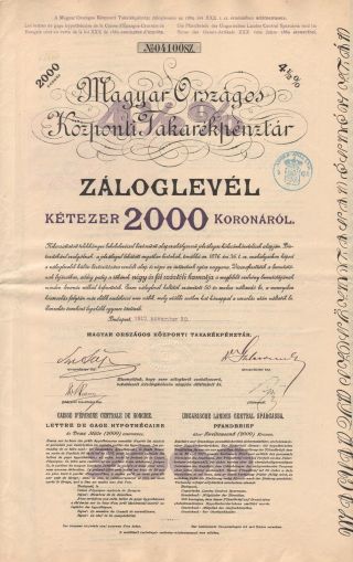 Hungary Government Bond Stock Certificate 1910,  2000 Korona photo