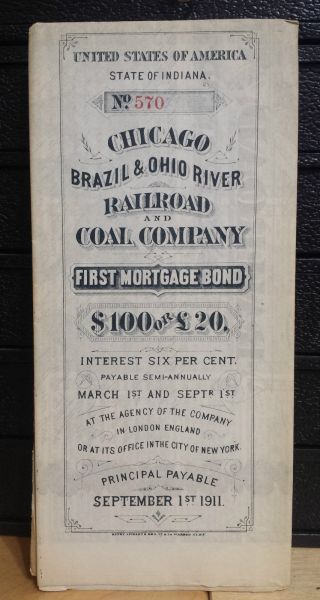 Rare 1881 Chicago Brazil & Ohio River Railroad & Coal Company Bond W/ 60 Coupons photo